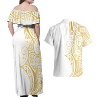 Polynesia White Sunday Couples Matching Off Shoulder Maxi Dress and Hawaiian Shirt Plumeria Polynesian Tribal Gold Color - Polynesian Pride