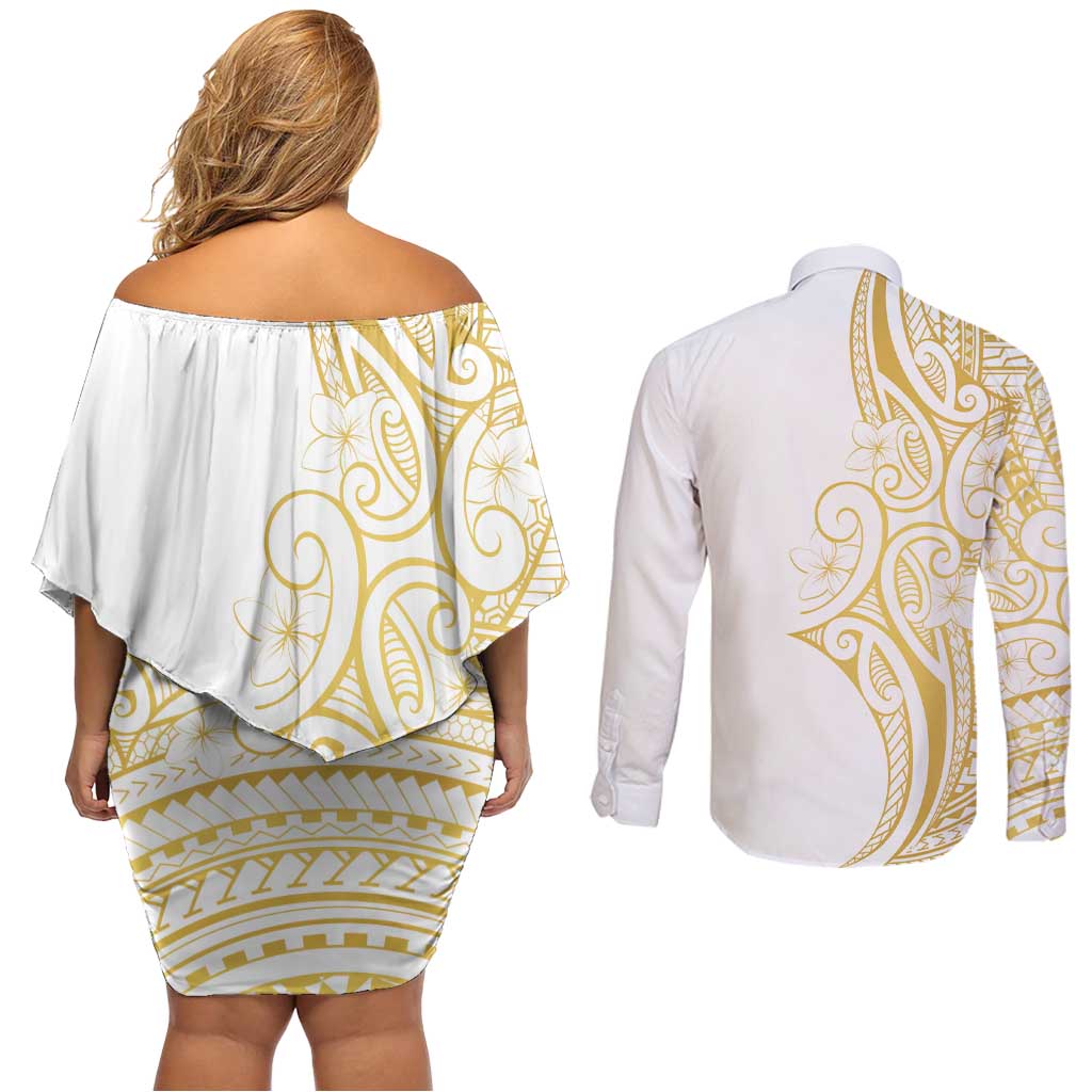 Polynesia White Sunday Couples Matching Off Shoulder Short Dress and Long Sleeve Button Shirt Plumeria Polynesian Tribal Gold Color - Polynesian Pride