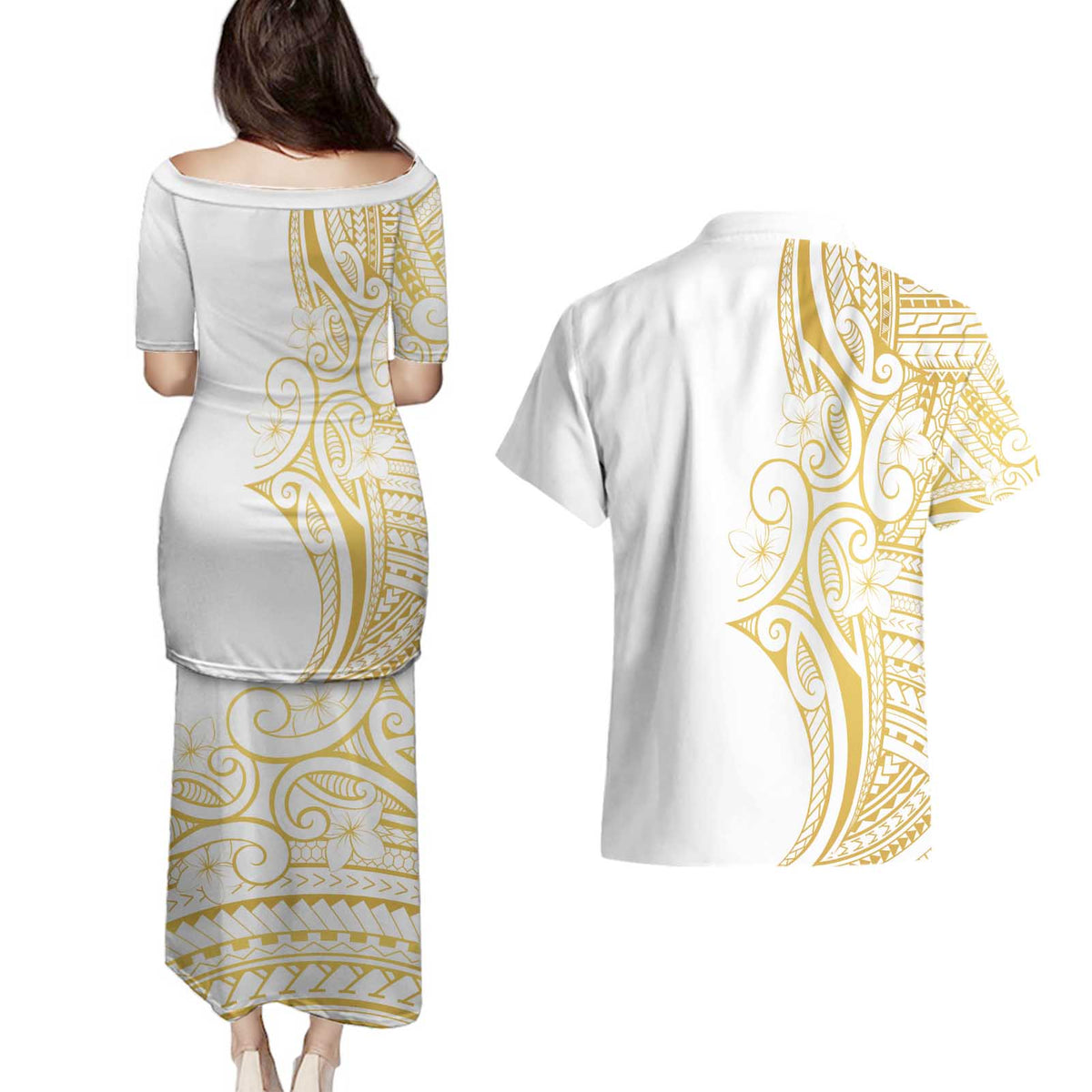 Polynesia White Sunday Couples Matching Puletasi and Hawaiian Shirt Plumeria Polynesian Tribal Gold Color - Polynesian Pride