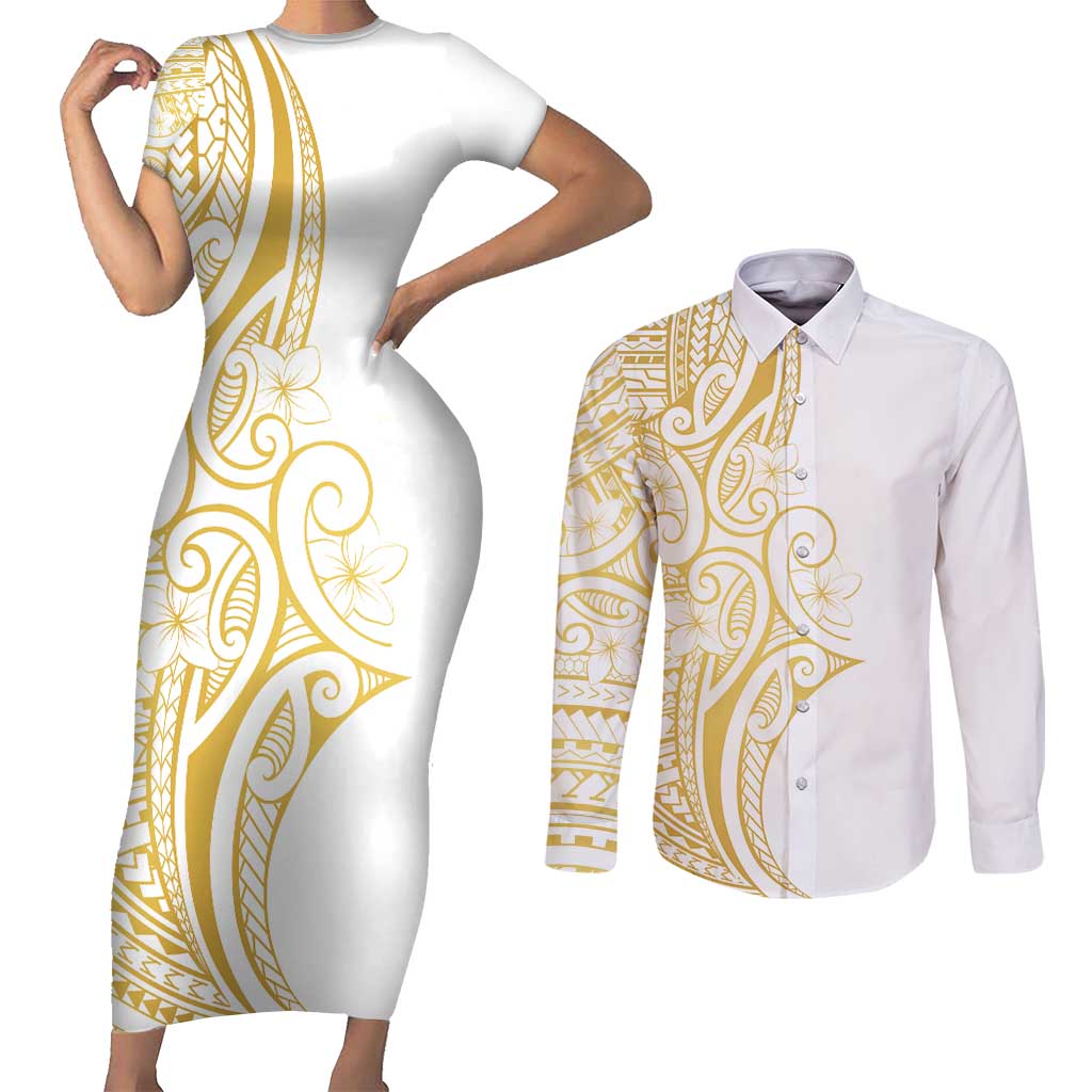 Polynesia White Sunday Couples Matching Short Sleeve Bodycon Dress and Long Sleeve Button Shirt Plumeria Polynesian Tribal Gold Color - Polynesian Pride