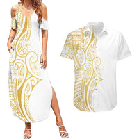 Polynesia White Sunday Couples Matching Summer Maxi Dress and Hawaiian Shirt Plumeria Polynesian Tribal Gold Color - Polynesian Pride