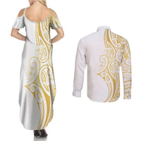 Polynesia White Sunday Couples Matching Summer Maxi Dress and Long Sleeve Button Shirt Plumeria Polynesian Tribal Gold Color - Polynesian Pride