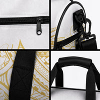 Polynesia White Sunday Duffle Bag Plumeria Polynesian Tribal Gold Color