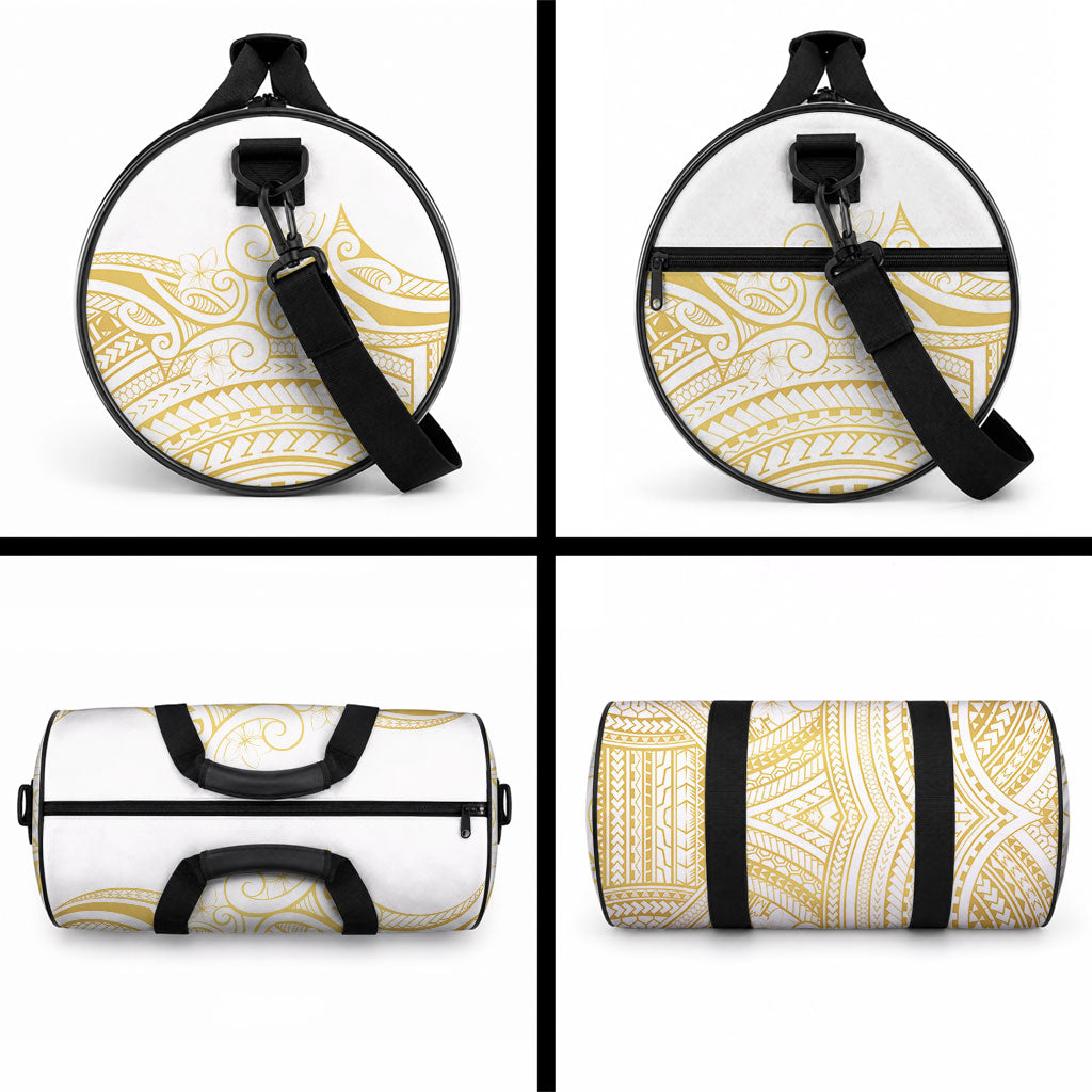 Polynesia White Sunday Duffle Bag Plumeria Polynesian Tribal Gold Color