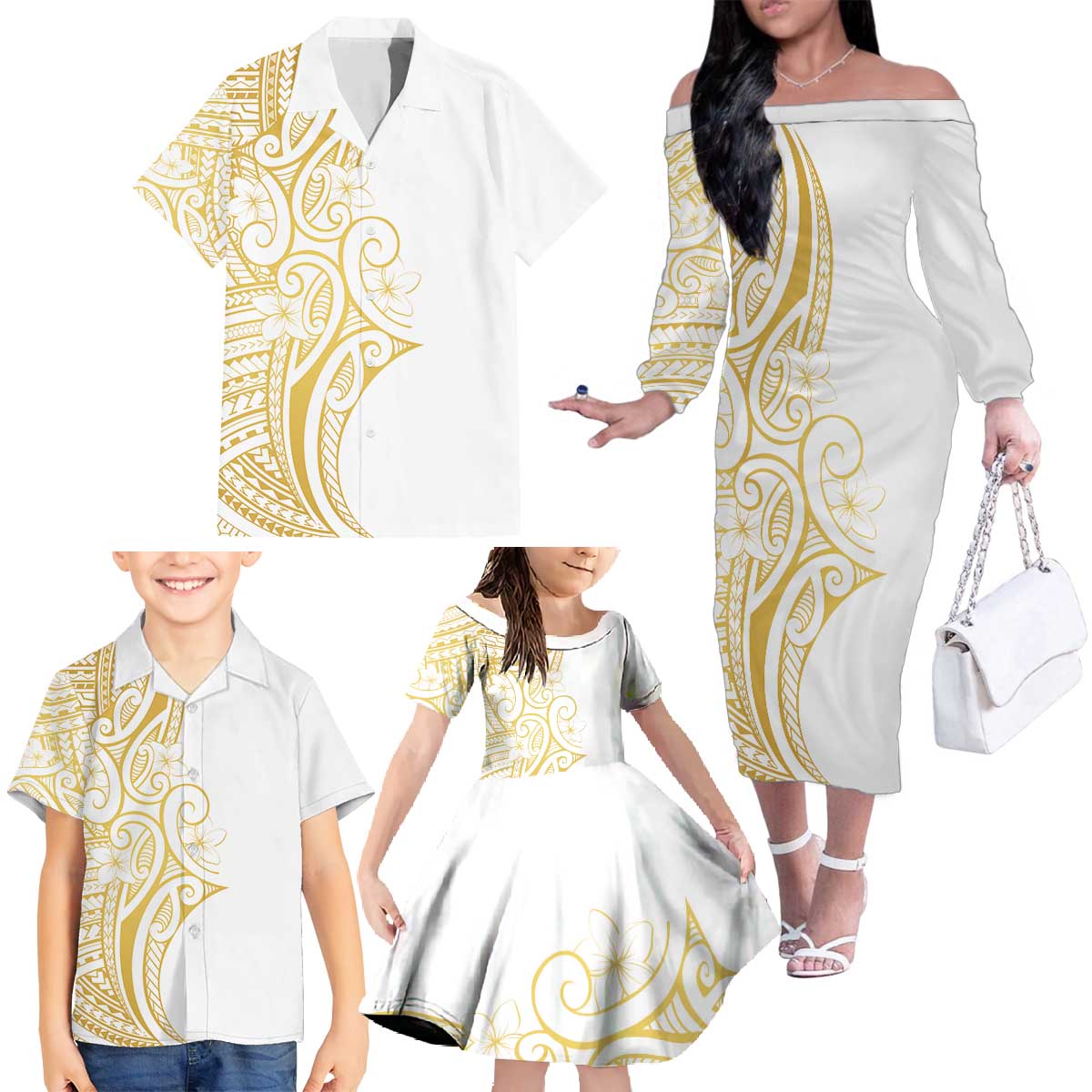 Polynesia White Sunday Family Matching Off The Shoulder Long Sleeve Dress and Hawaiian Shirt Plumeria Polynesian Tribal Gold Color - Polynesian Pride