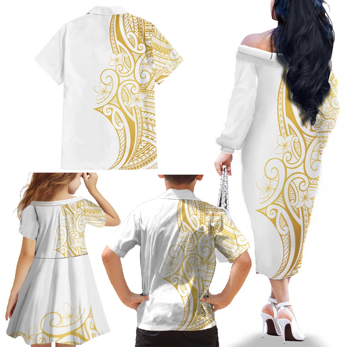 Polynesia White Sunday Family Matching Off The Shoulder Long Sleeve Dress and Hawaiian Shirt Plumeria Polynesian Tribal Gold Color - Polynesian Pride