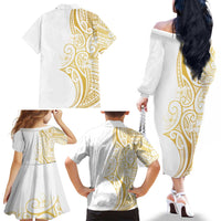 Polynesia White Sunday Family Matching Off The Shoulder Long Sleeve Dress and Hawaiian Shirt Plumeria Polynesian Tribal Gold Color - Polynesian Pride