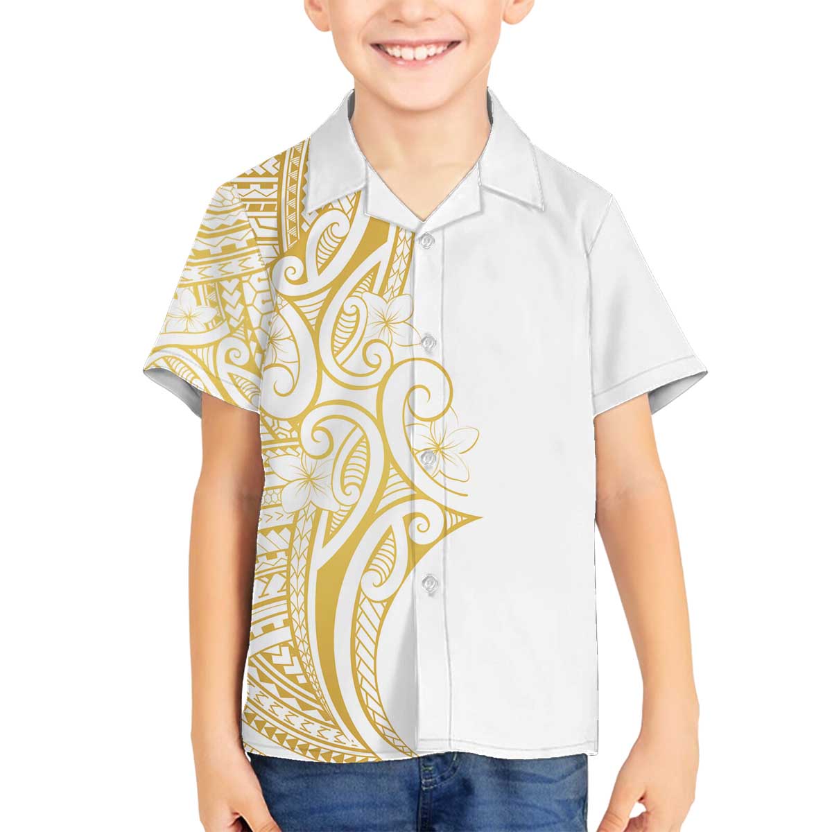 Polynesia White Sunday Family Matching Off The Shoulder Long Sleeve Dress and Hawaiian Shirt Plumeria Polynesian Tribal Gold Color - Polynesian Pride