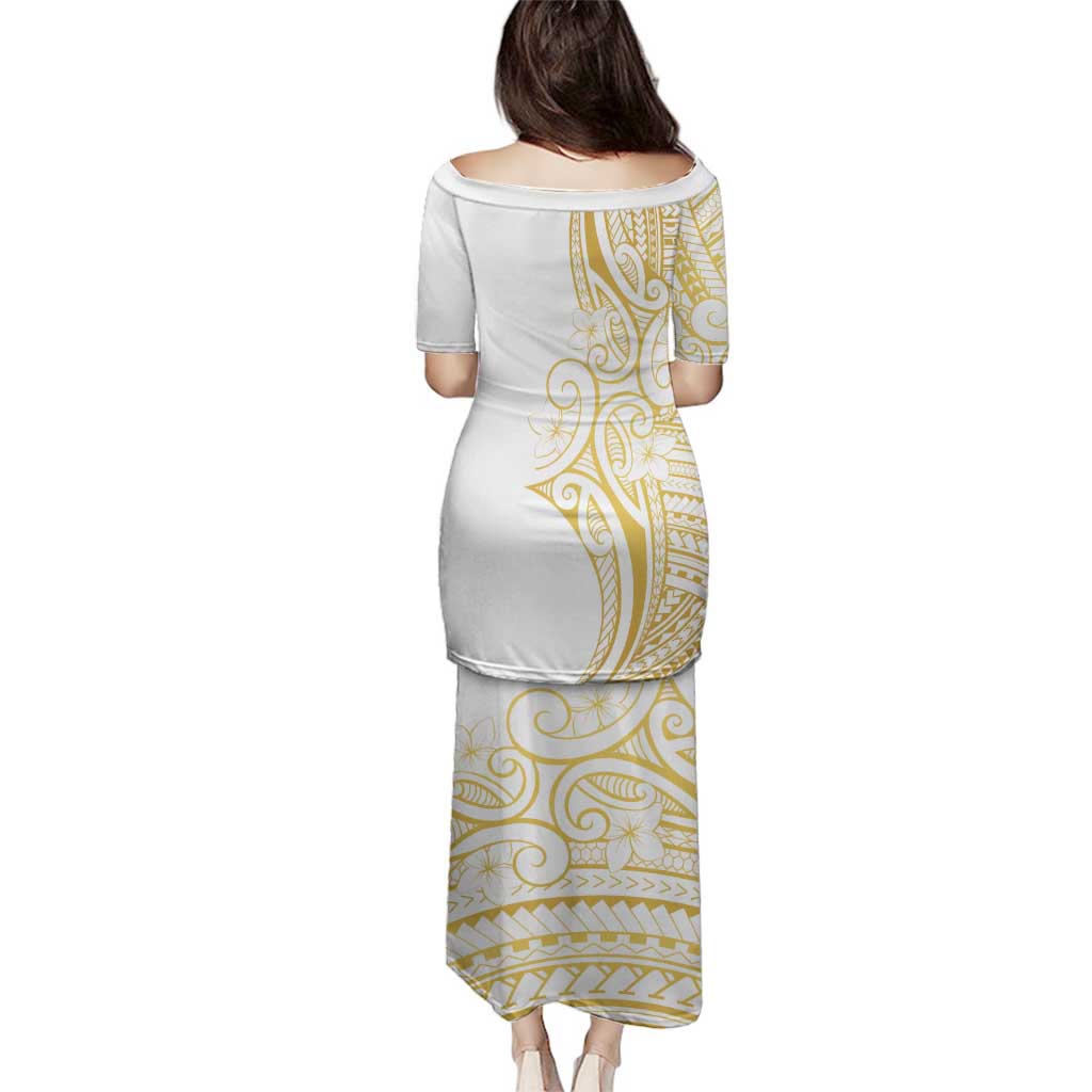 Polynesia White Sunday Family Matching Puletasi and Hawaiian Shirt Plumeria Polynesian Tribal Gold Color - Polynesian Pride