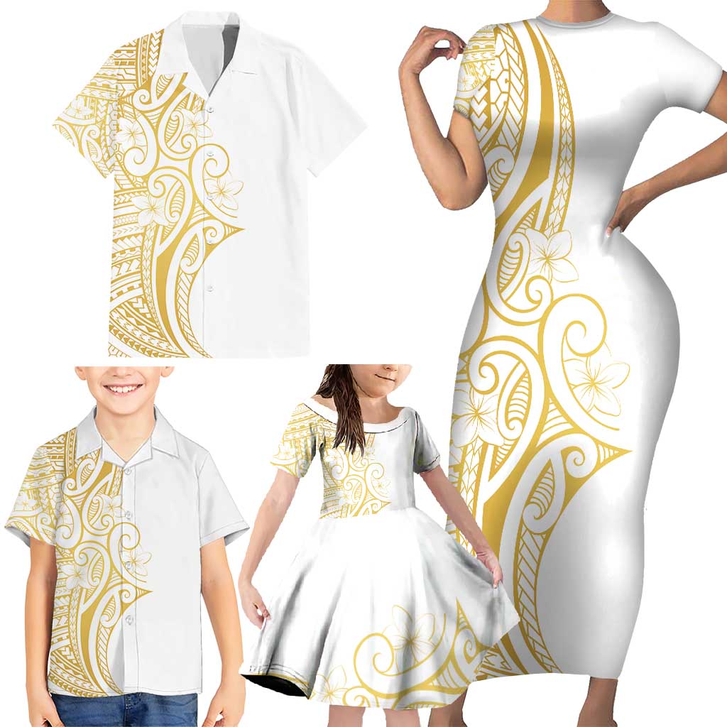 Polynesia White Sunday Family Matching Short Sleeve Bodycon Dress and Hawaiian Shirt Plumeria Polynesian Tribal Gold Color - Polynesian Pride