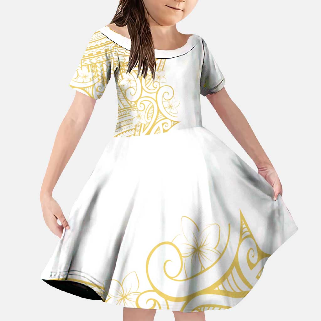 Polynesia White Sunday Family Matching Summer Maxi Dress and Hawaiian Shirt Plumeria Polynesian Tribal Gold Color - Polynesian Pride