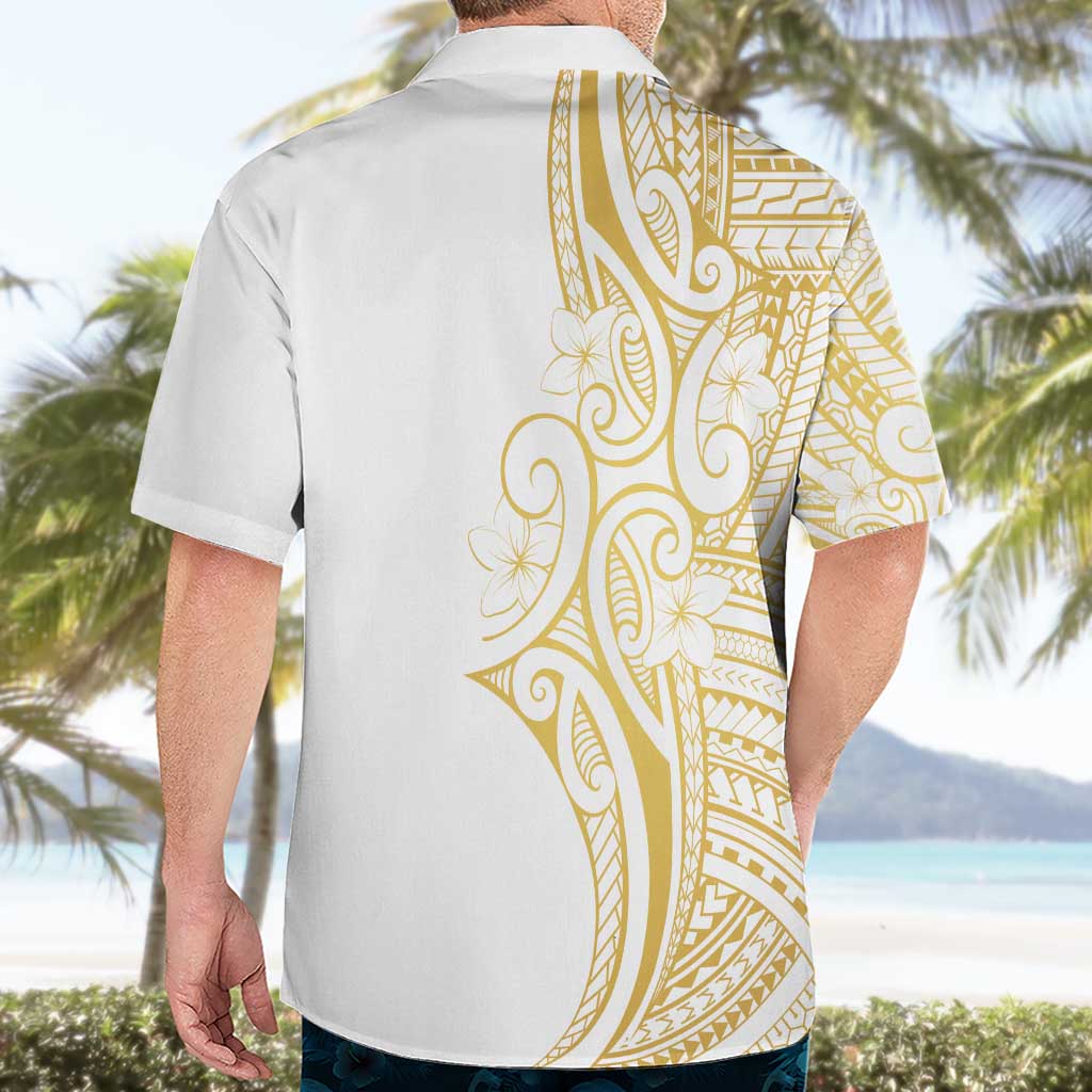 Polynesia White Sunday Hawaiian Shirt Plumeria Polynesian Tribal Gold Color - Polynesian Pride