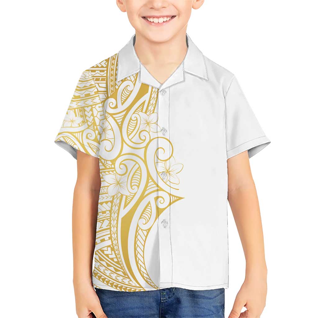 Polynesia White Sunday Hawaiian Shirt Plumeria Polynesian Tribal Gold Color - Polynesian Pride