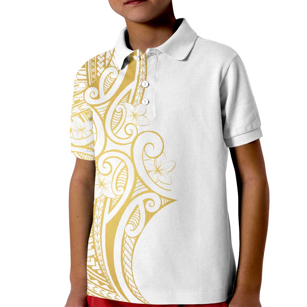 Polynesia White Sunday Kid Polo Shirt Plumeria Polynesian Tribal Gold Color - Polynesian Pride