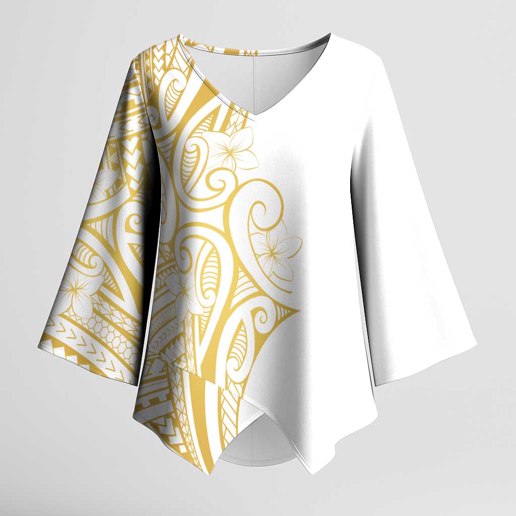 Polynesia White Sunday Kimono Sleeve Blouse Plumeria Polynesian Tribal Gold Color - Polynesian Pride