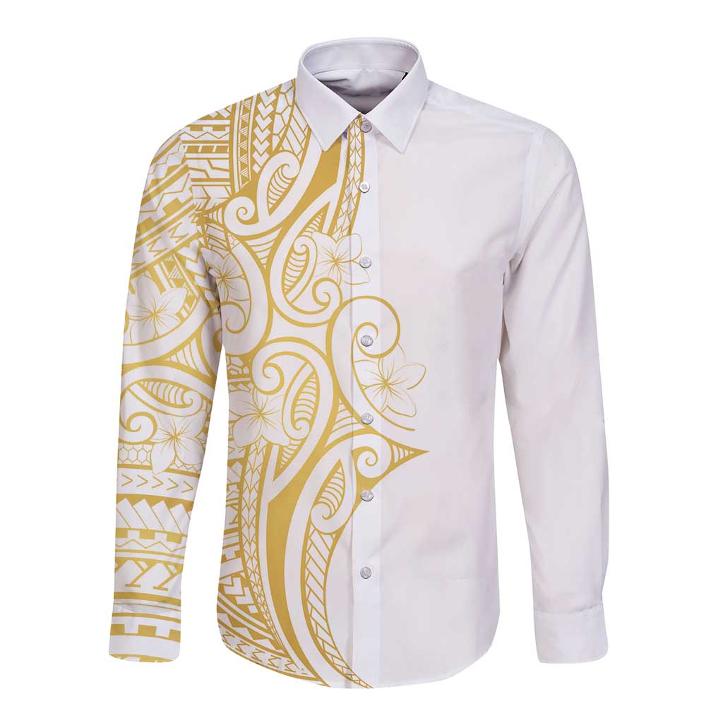 Polynesia White Sunday Long Sleeve Button Shirt Plumeria Polynesian Tribal Gold Color - Polynesian Pride