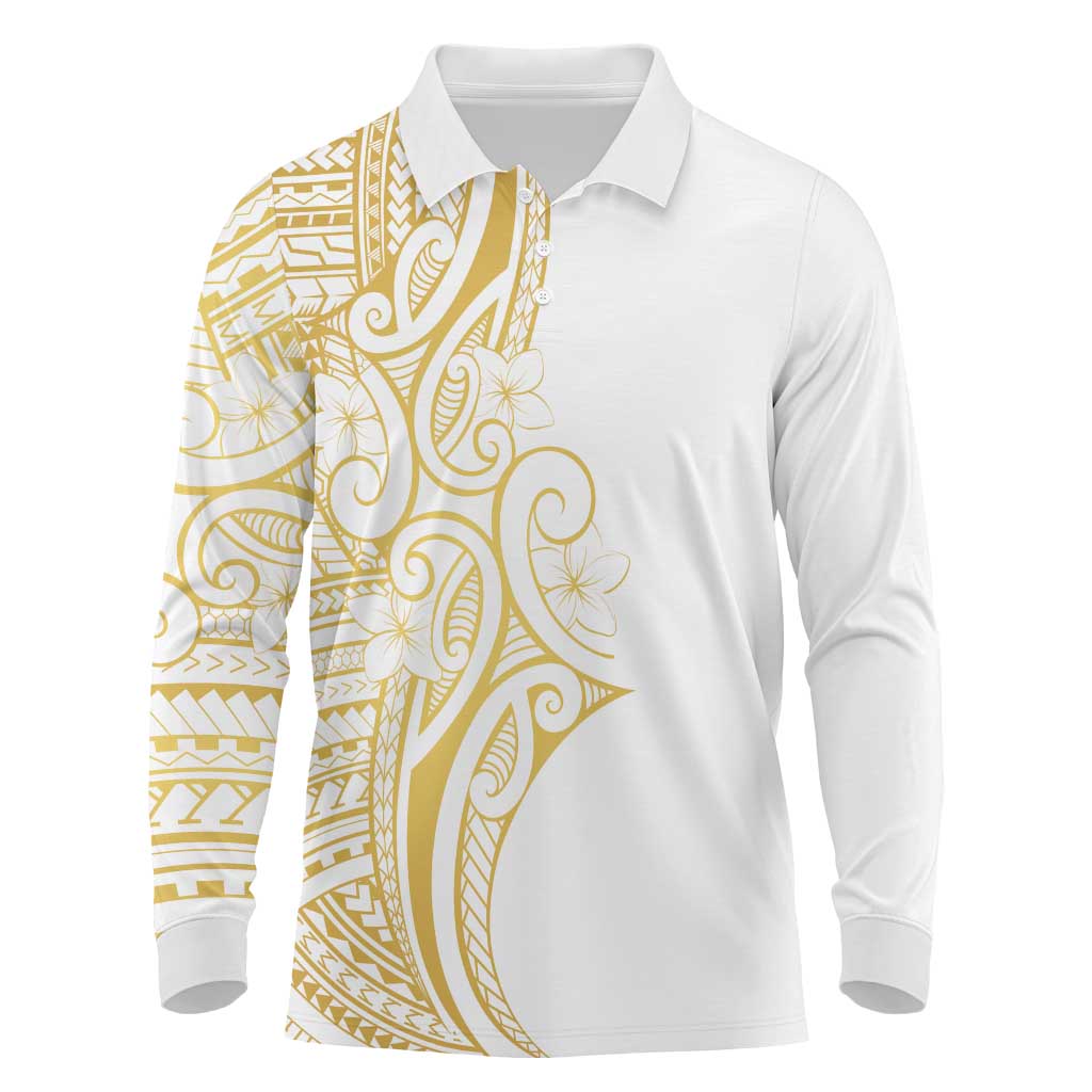 Polynesia White Sunday Long Sleeve Polo Shirt Plumeria Polynesian Tribal Gold Color - Polynesian Pride