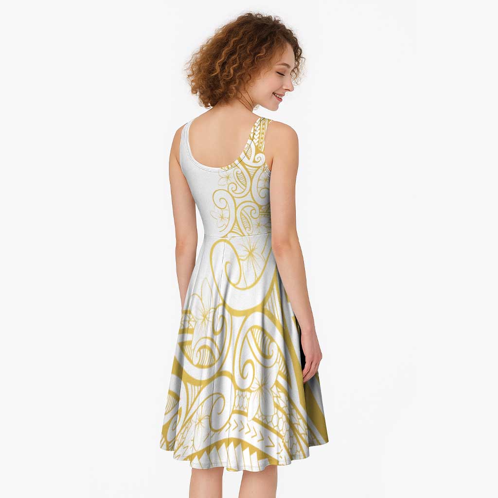 Polynesia White Sunday Midi Dress Plumeria Polynesian Tribal Gold Color - Polynesian Pride