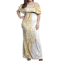 Polynesia White Sunday Off Shoulder Maxi Dress Plumeria Polynesian Tribal Gold Color - Polynesian Pride
