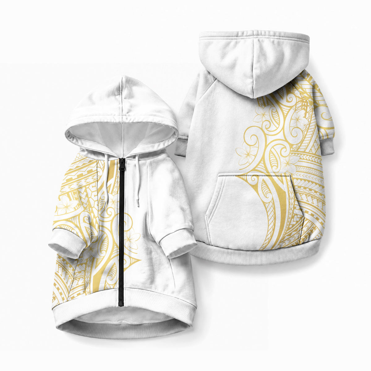 Polynesia White Sunday Pet Hoodie Plumeria Polynesian Tribal Gold Color