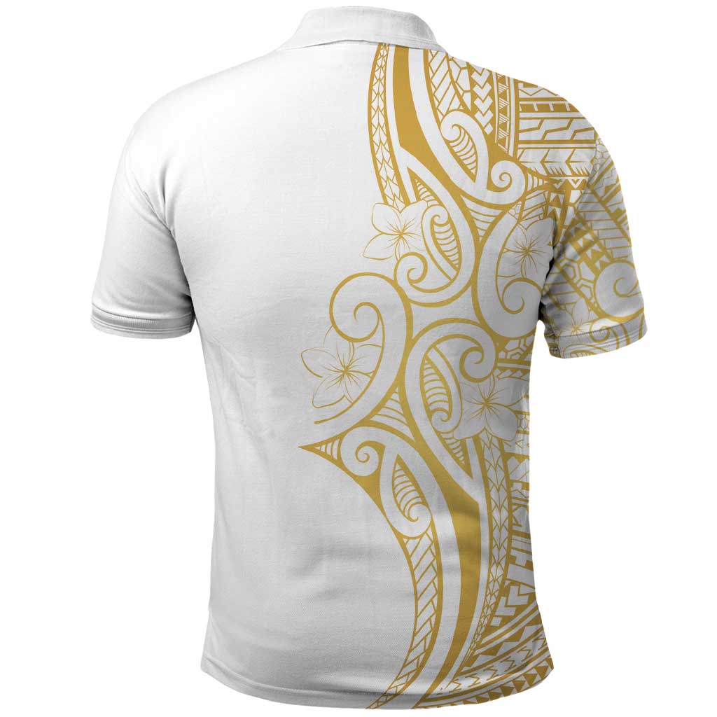 Polynesia White Sunday Polo Shirt Plumeria Polynesian Tribal Gold Color - Polynesian Pride