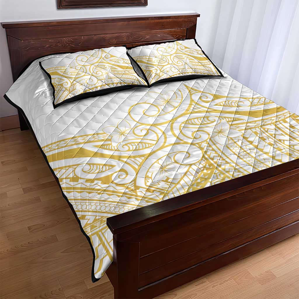 Polynesia White Sunday Quilt Bed Set Plumeria Polynesian Tribal Gold Color - Polynesian Pride