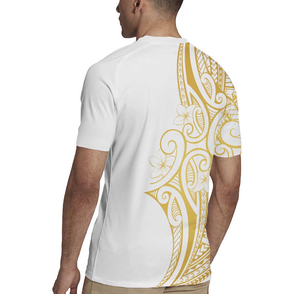 Polynesia White Sunday Rugby Jersey Plumeria Polynesian Tribal Gold Color - Polynesian Pride
