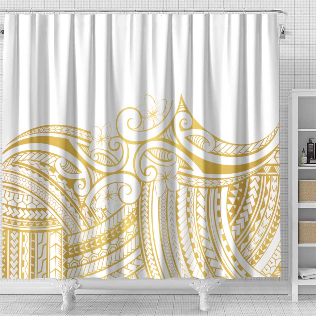 Polynesia White Sunday Shower Curtain Plumeria Polynesian Tribal Gold Color - Polynesian Pride
