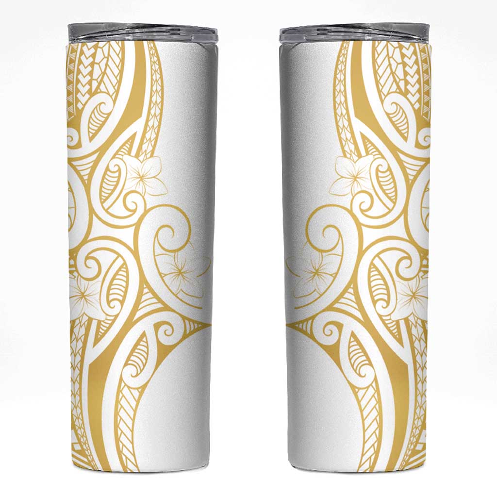 Polynesia White Sunday Skinny Tumbler Plumeria Polynesian Tribal Gold Color - Polynesian Pride