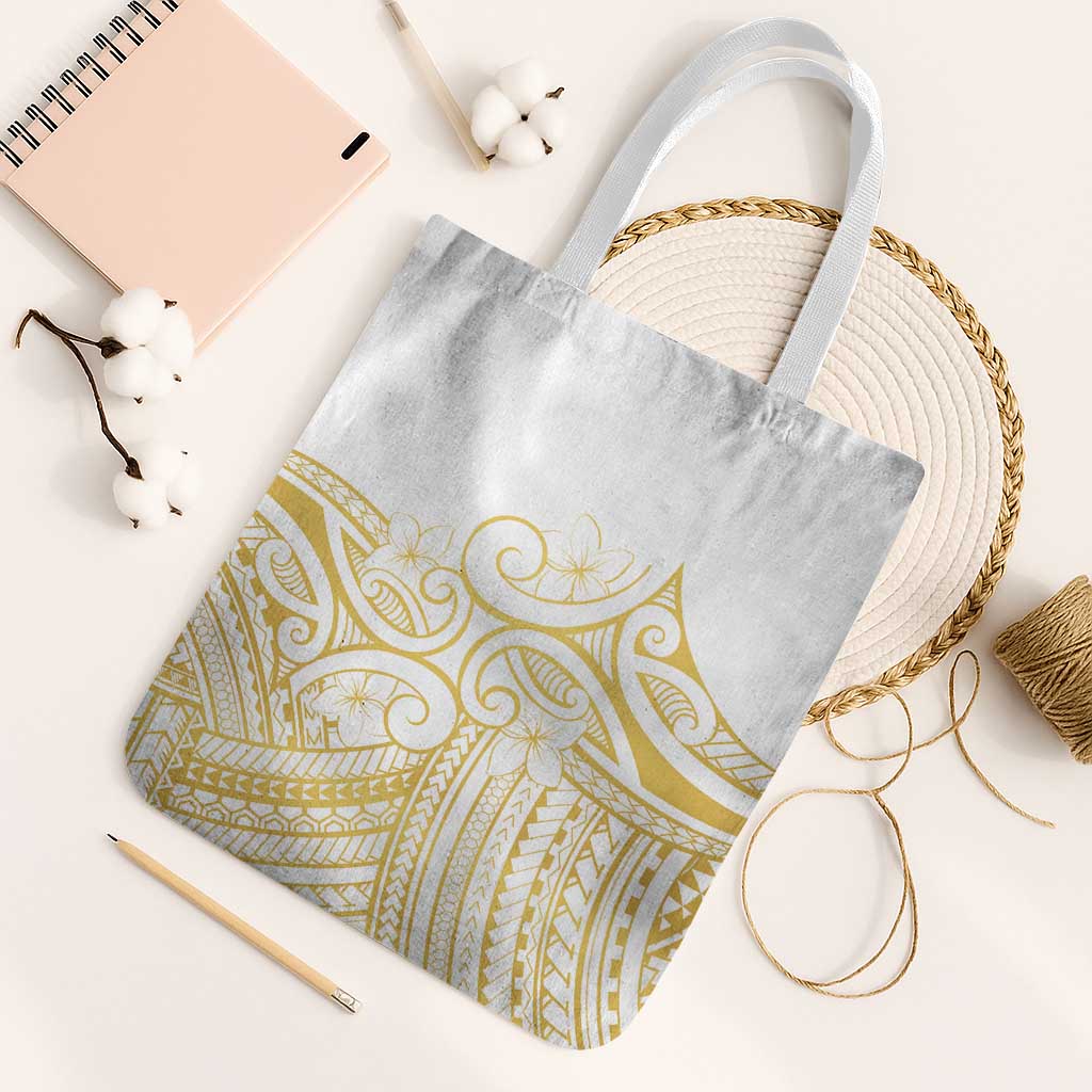 Polynesia White Sunday Tote Bag Plumeria Polynesian Tribal Gold Color - Polynesian Pride