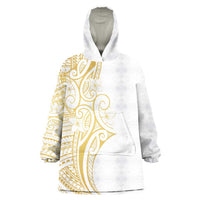 Polynesia White Sunday Wearable Blanket Hoodie Plumeria Polynesian Tribal Gold Color - Polynesian Pride