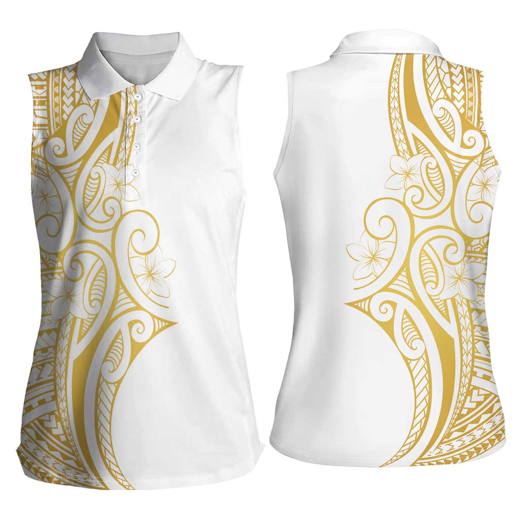 Polynesia White Sunday Women Sleeveless Polo Shirt Plumeria Polynesian Tribal Gold Color - Polynesian Pride