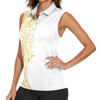 Polynesia White Sunday Women Sleeveless Polo Shirt Plumeria Polynesian Tribal Gold Color - Polynesian Pride