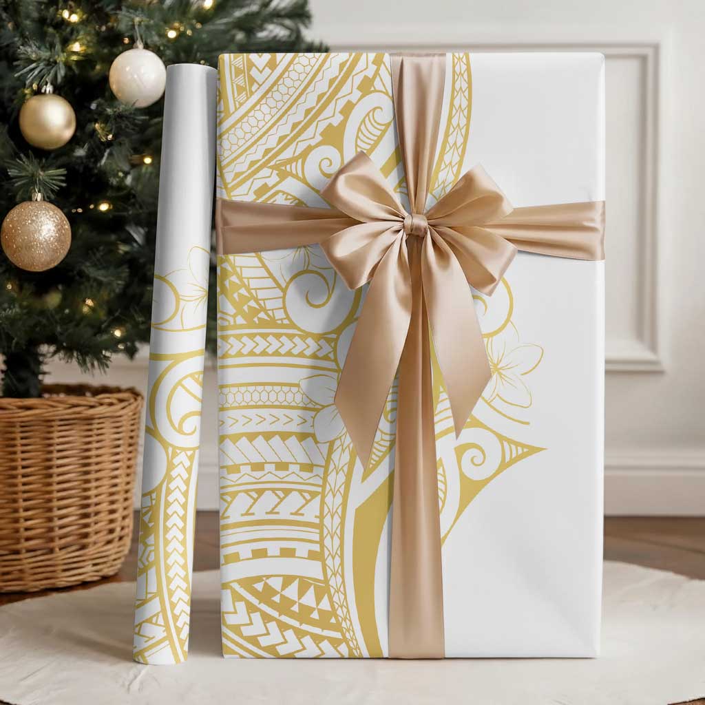 Polynesia White Sunday Wrapping Paper Plumeria Polynesian Tribal Gold Color - Polynesian Pride