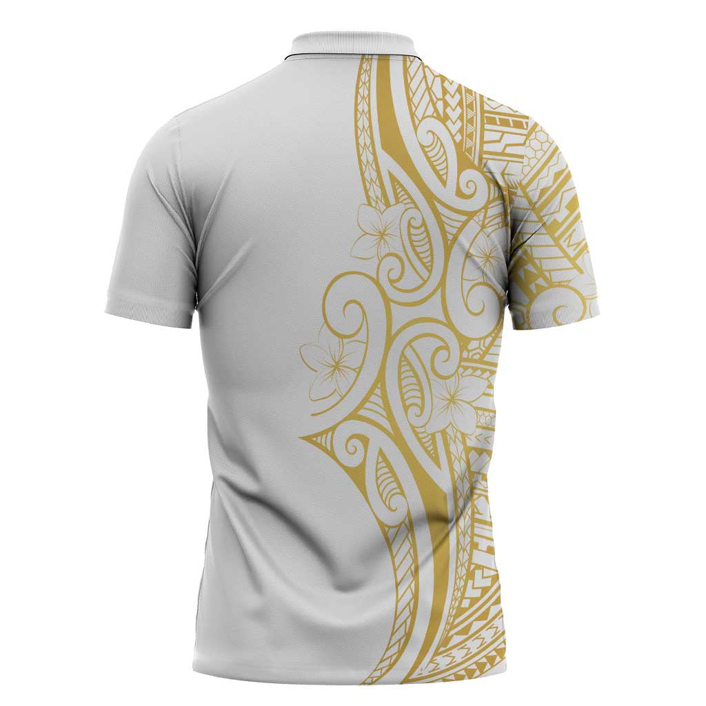 Polynesia White Sunday Zipper Polo Shirt Plumeria Polynesian Tribal Gold Color - Polynesian Pride