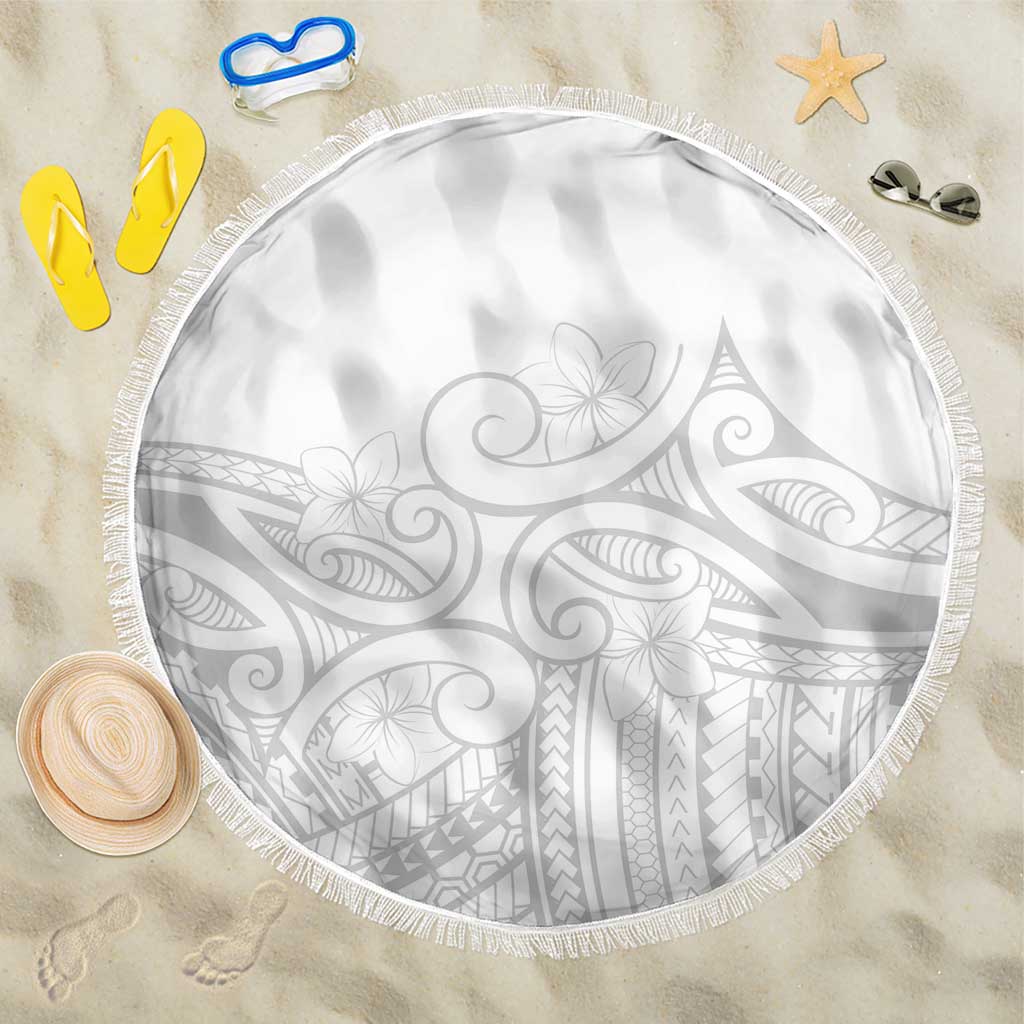 Polynesia White Sunday Beach Blanket Plumeria Polynesian Tribal Grey Color - Polynesian Pride