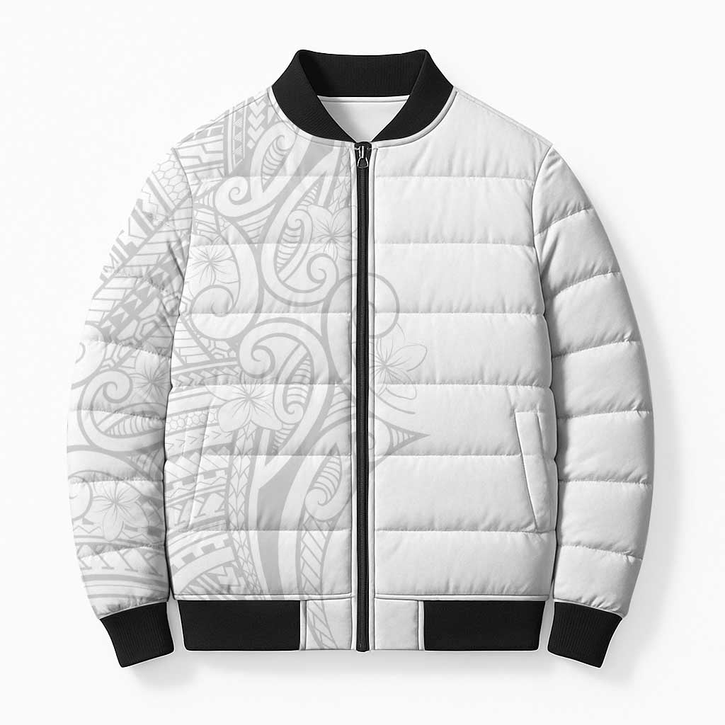 Polynesia White Sunday Bomber Puffer Jacket Plumeria Polynesian Tribal Grey Color - Polynesian Pride