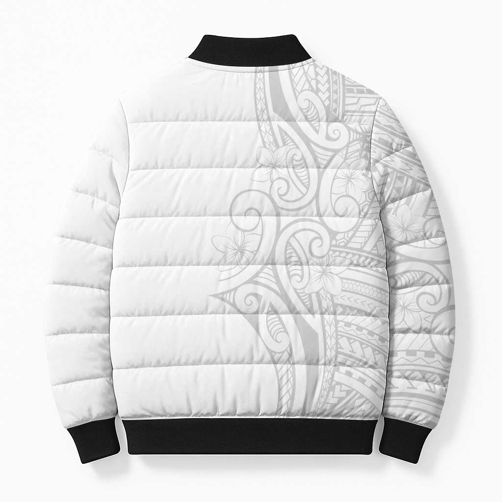 Polynesia White Sunday Bomber Puffer Jacket Plumeria Polynesian Tribal Grey Color - Polynesian Pride