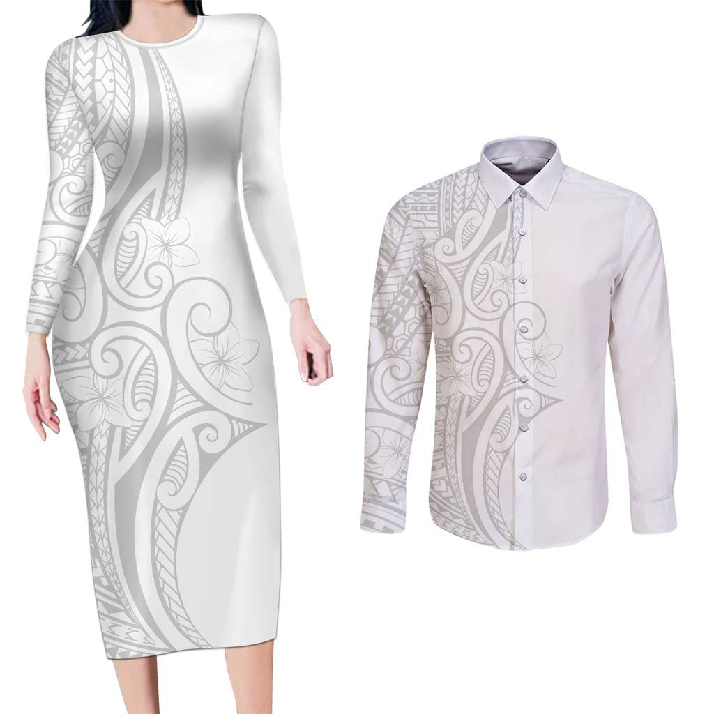 Polynesia White Sunday Couples Matching Long Sleeve Bodycon Dress and Long Sleeve Button Shirt Plumeria Polynesian Tribal Grey Color - Polynesian Pride