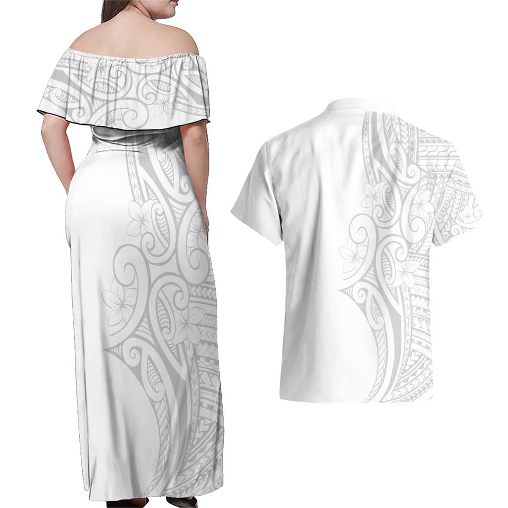 Polynesia White Sunday Couples Matching Off Shoulder Maxi Dress and Hawaiian Shirt Plumeria Polynesian Tribal Grey Color - Polynesian Pride