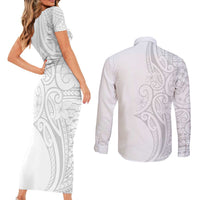 Polynesia White Sunday Couples Matching Short Sleeve Bodycon Dress and Long Sleeve Button Shirt Plumeria Polynesian Tribal Grey Color - Polynesian Pride