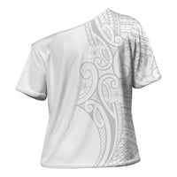 Polynesia White Sunday Cross Shoulder Shirt Plumeria Polynesian Tribal Grey Color - Polynesian Pride