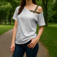 Polynesia White Sunday Cross Shoulder Shirt Plumeria Polynesian Tribal Grey Color - Polynesian Pride