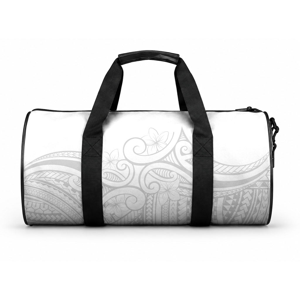 Polynesia White Sunday Duffle Bag Plumeria Polynesian Tribal Grey Color