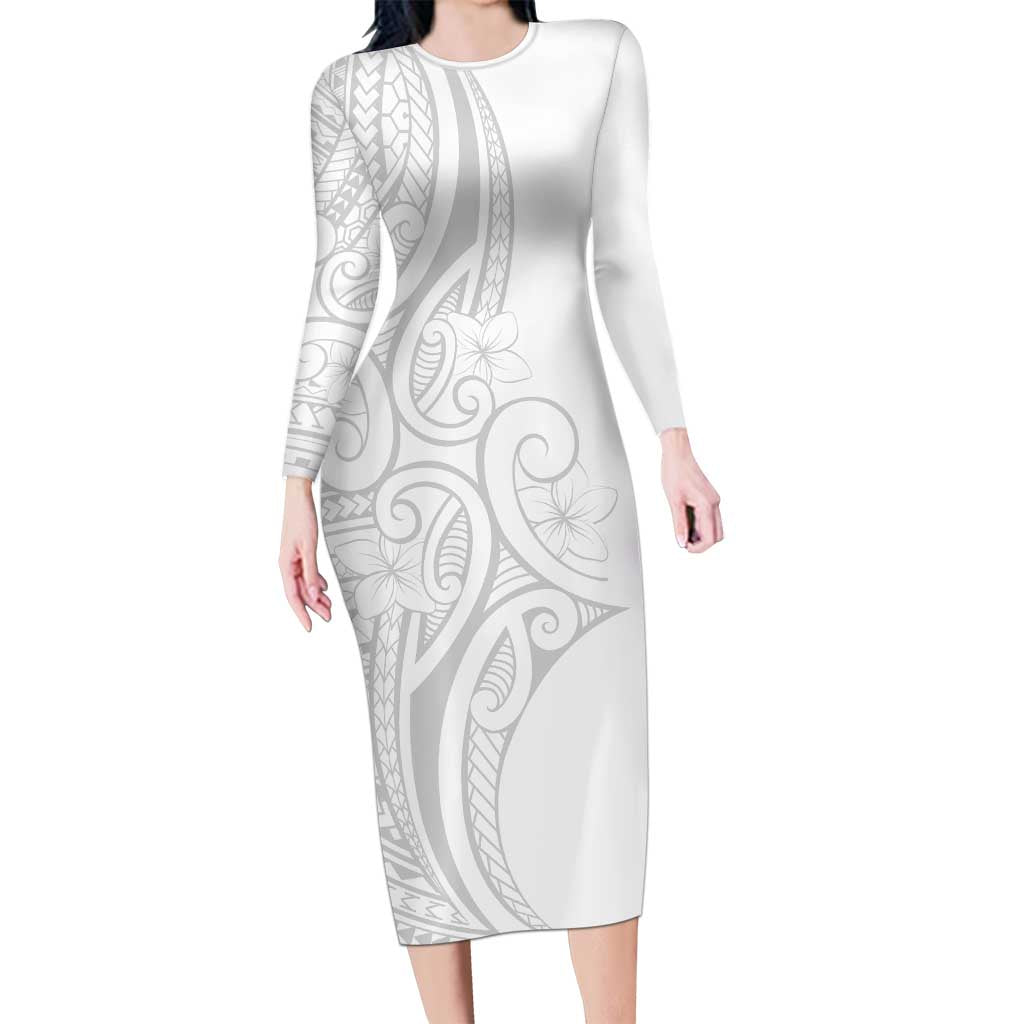 Polynesia White Sunday Family Matching Long Sleeve Bodycon Dress and Hawaiian Shirt Plumeria Polynesian Tribal Grey Color - Polynesian Pride