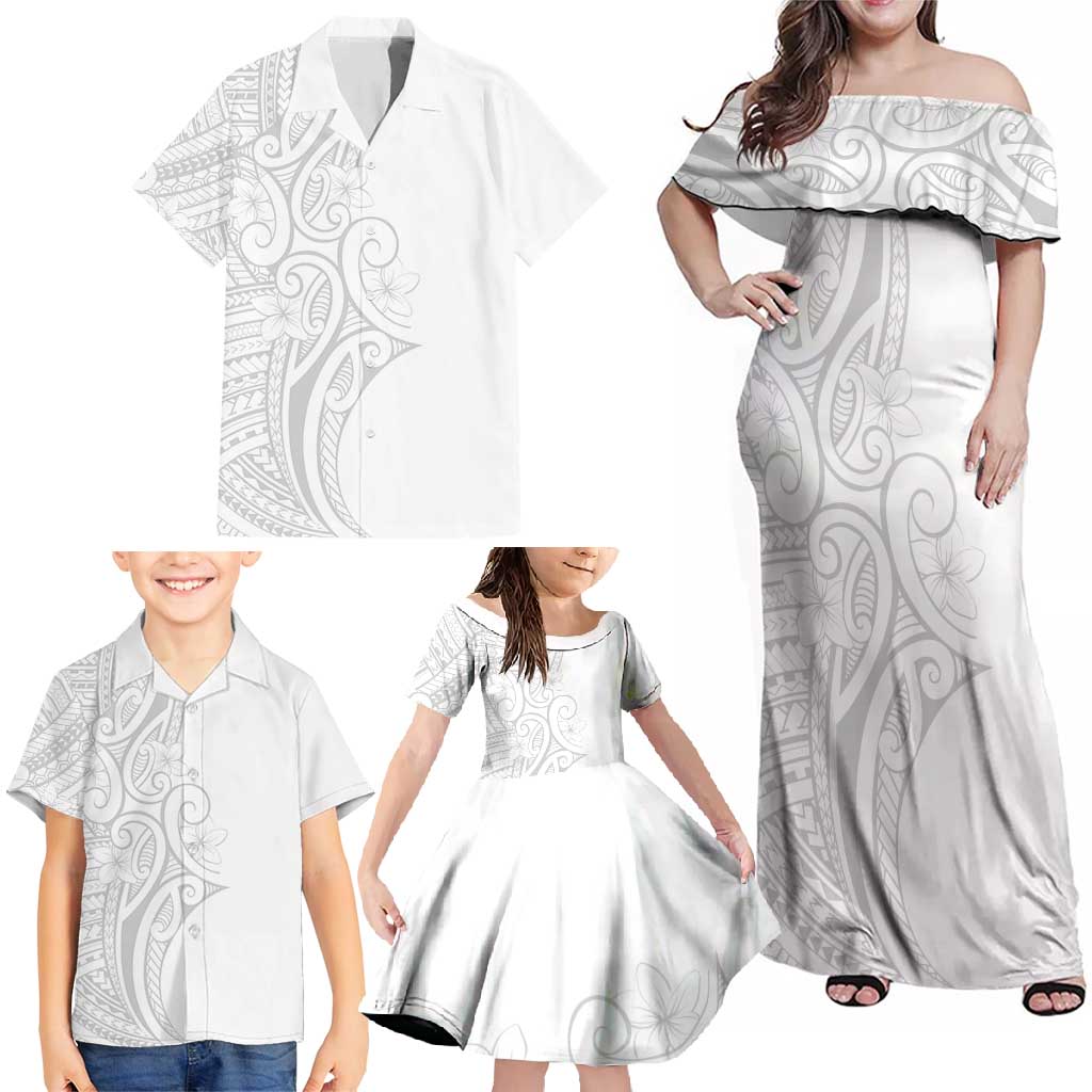 Polynesia White Sunday Family Matching Off Shoulder Maxi Dress and Hawaiian Shirt Plumeria Polynesian Tribal Grey Color - Polynesian Pride