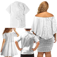 Polynesia White Sunday Family Matching Off Shoulder Short Dress and Hawaiian Shirt Plumeria Polynesian Tribal Grey Color - Polynesian Pride