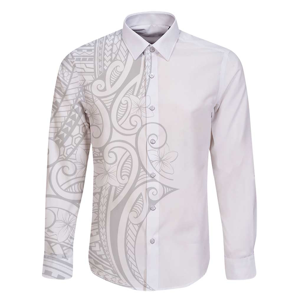 Polynesia White Sunday Family Matching Off Shoulder Short Dress and Hawaiian Shirt Plumeria Polynesian Tribal Grey Color - Polynesian Pride