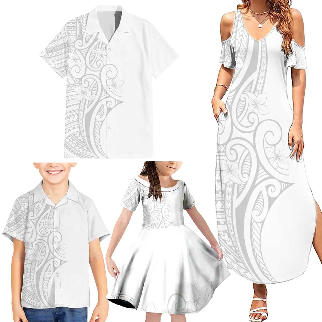 Polynesia White Sunday Family Matching Summer Maxi Dress and Hawaiian Shirt Plumeria Polynesian Tribal Grey Color - Polynesian Pride