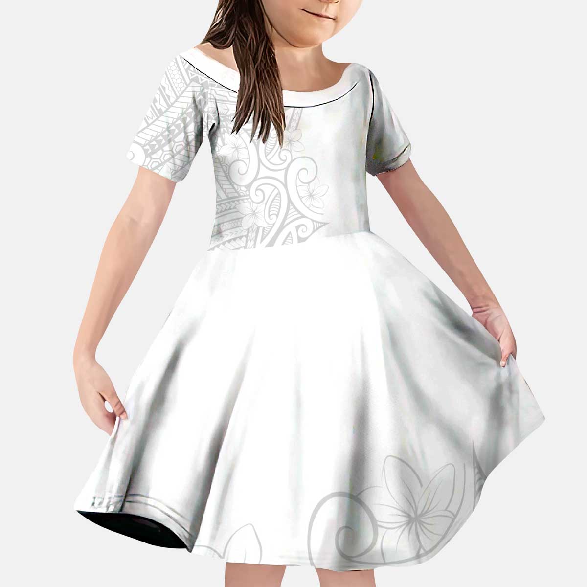 Polynesia White Sunday Kid Short Sleeve Dress Plumeria Polynesian Tribal Grey Color - Polynesian Pride